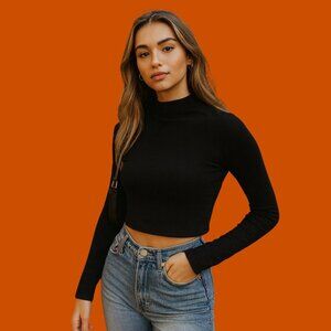 Better Be Black Long Sleeve Cropped Mock Neck Top – Streetwear Basic
